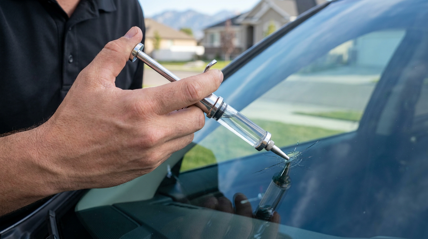 A person performs Rock Chip Repair with a specialized tool to fix a cracked car windshield in a residential West Valley City neighborhood during the day.