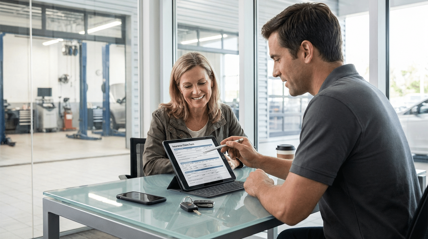 A man and woman sit at a glass table in an auto service center, reviewing insurance claim documents on a tablet. Car keys and a phone are on the table.
