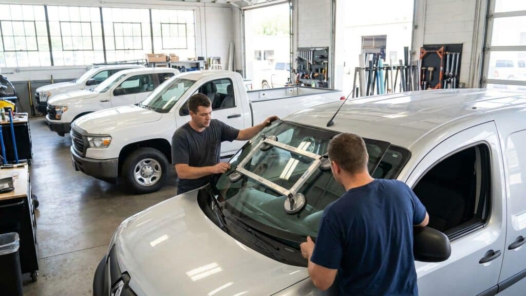 Two technicians use a suction tool to perform a car windshield replacement on a van in an auto shop.