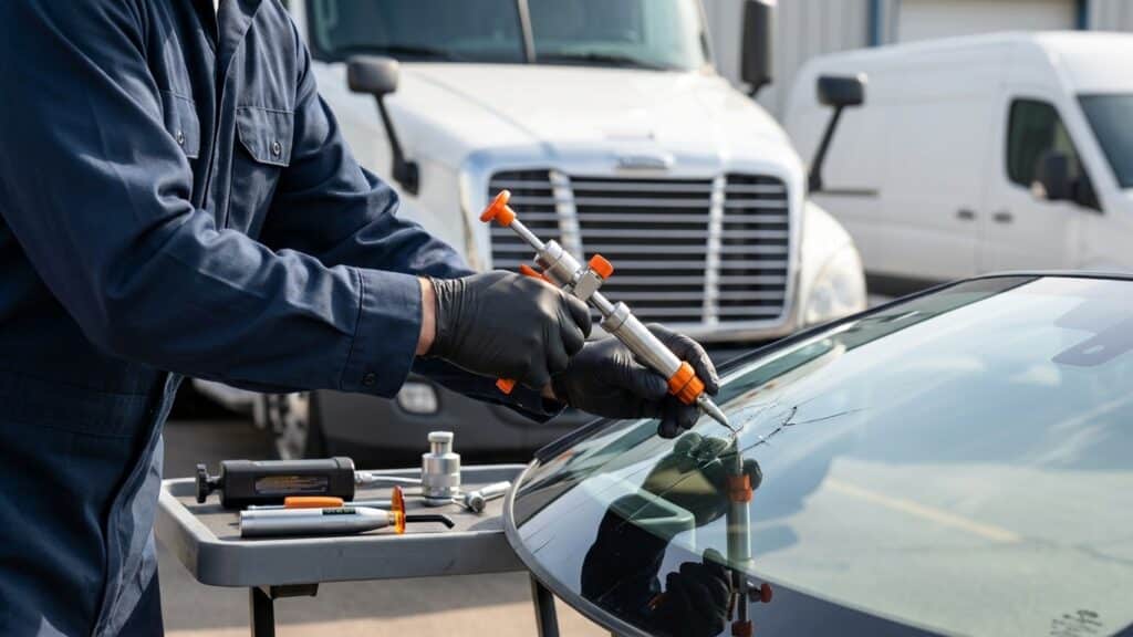 A technician wearing black gloves uses a tool to perform an auto glass repair on a cracked windshield.