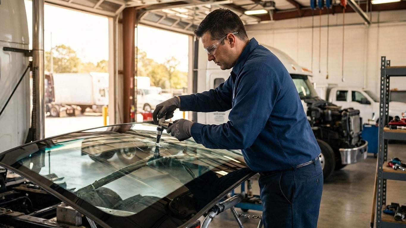 A man wearing safety glasses and gloves repairs a windshield inside a garage in Taylorsville, Utah, with trucks and tools visible in the background, showcasing professional Auto Glass Services.