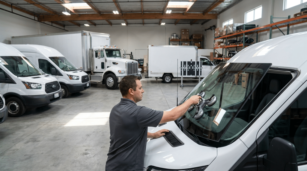 A technician uses a suction tool to perform a car windshield replacement on a white van inside a vehicle service garage.