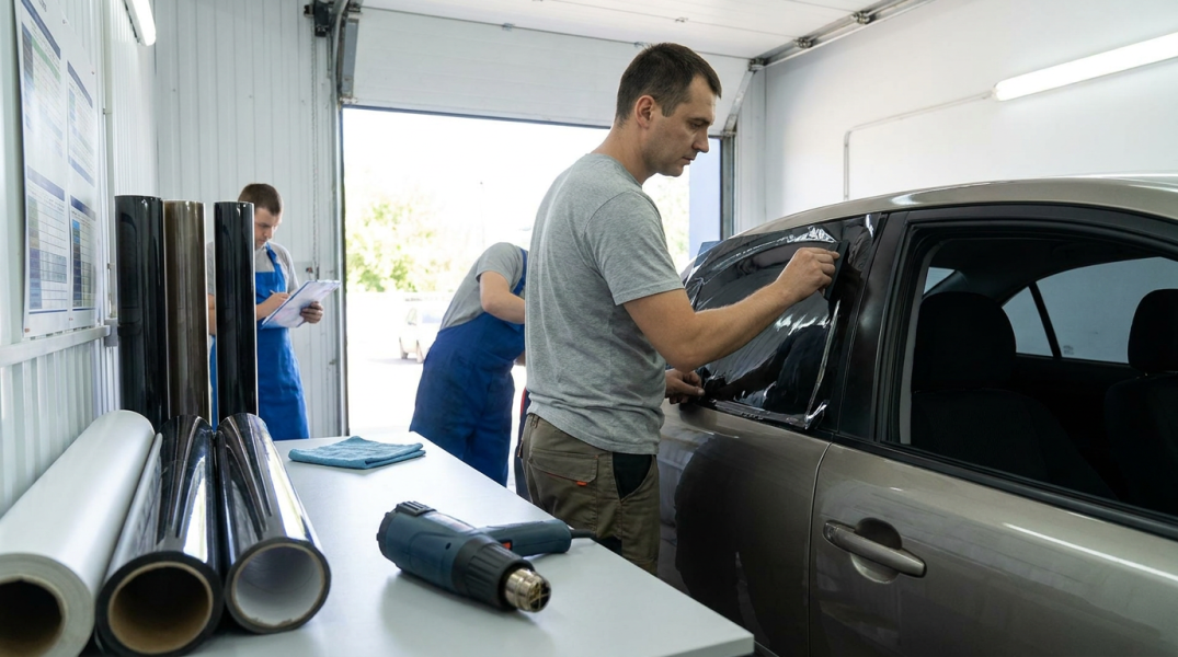 A man applies window tint to a car door in a garage while others work in the background; tint rolls and tools are on a nearby table.