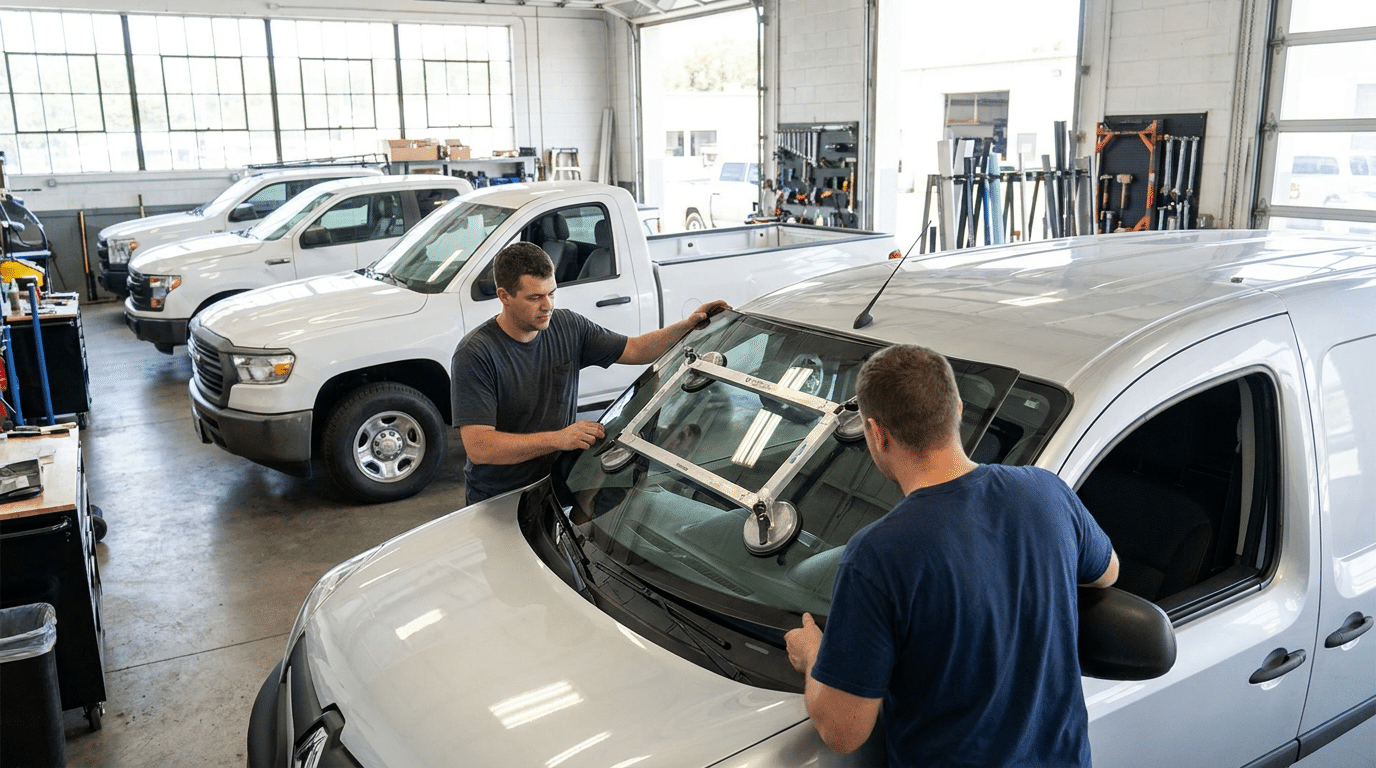 Two men install a windshield on a white van inside Sun Strip Window Tinting, an auto repair shop in West Valley City, Utah, with several other white vehicles parked nearby.